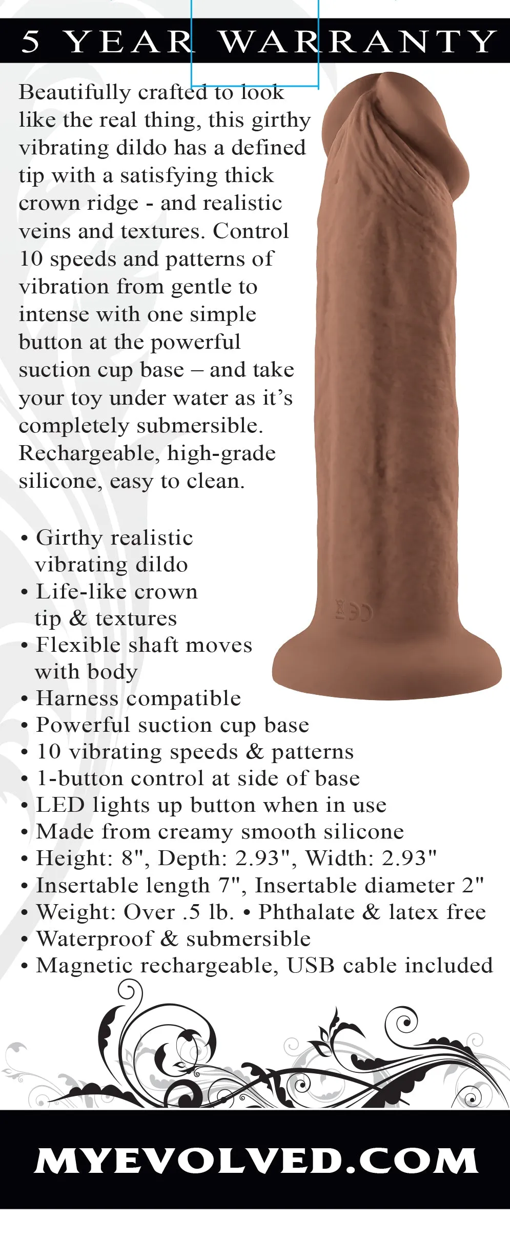 7 Girthy Vibrating Dong - Dark - Girthy Realistic Vibrating Dildo