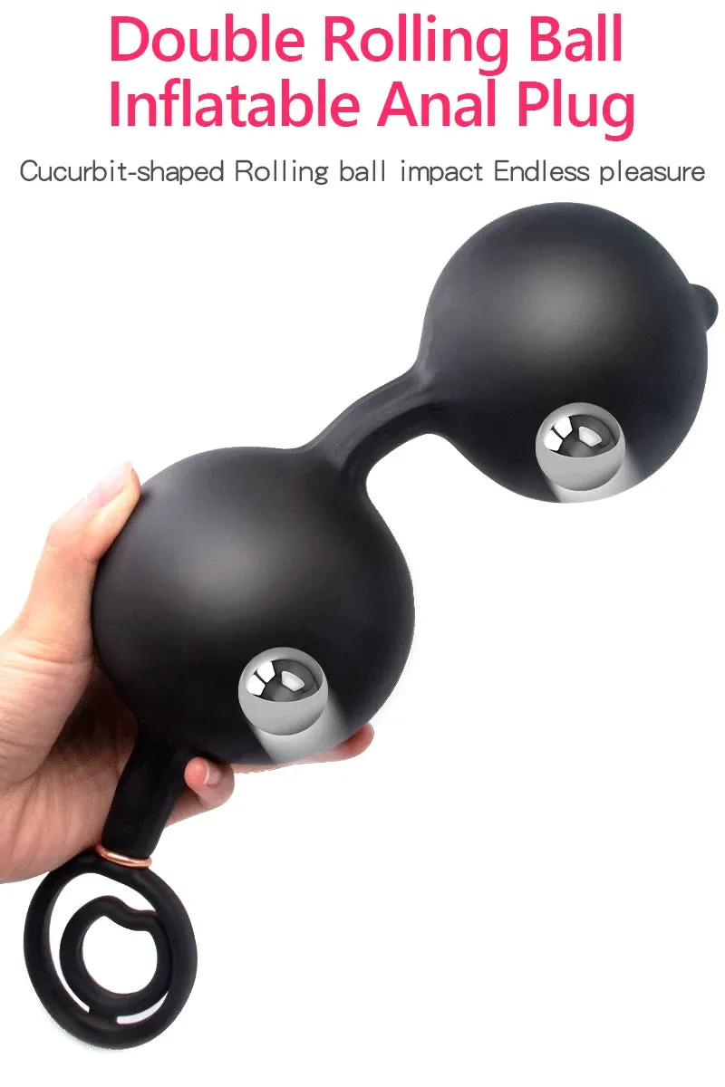 Inflatable Dildo Anal Plug - Dual Steel Ball Build-in Resizable Butt Plug Sex Toys for Men Women