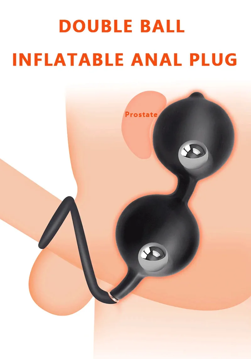 Inflatable Dildo Anal Plug - Dual Steel Ball Build-in Resizable Butt Plug Sex Toys for Men Women