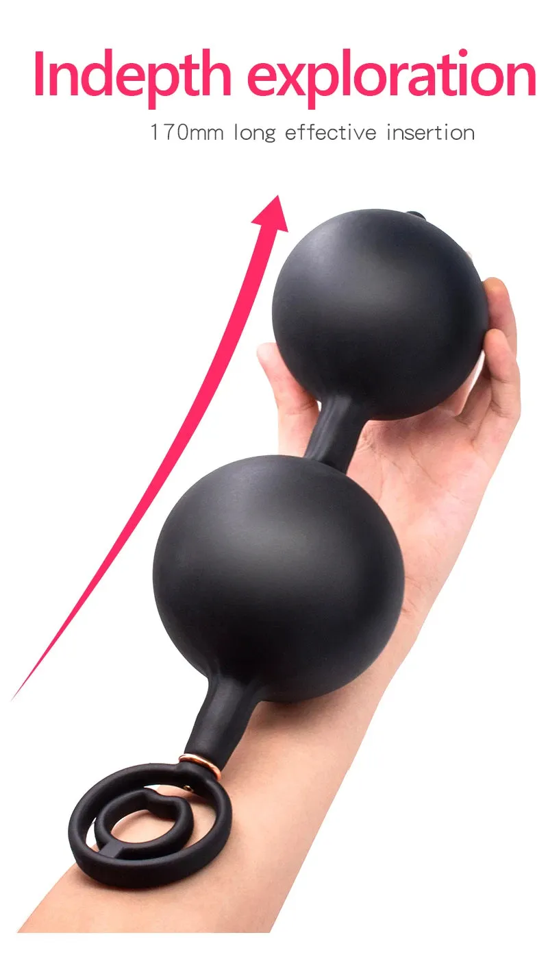 Inflatable Dildo Anal Plug - Dual Steel Ball Build-in Resizable Butt Plug Sex Toys for Men Women