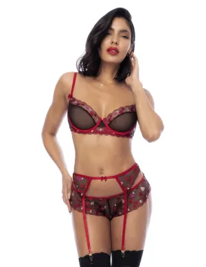 Mapale Sweet Heart Embroidered Underwire Bra. Bow Tie Panty & Garter Belt