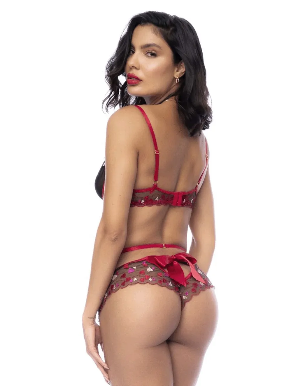 Mapale Sweet Heart Embroidered Underwire Bra. Bow Tie Panty & Garter Belt