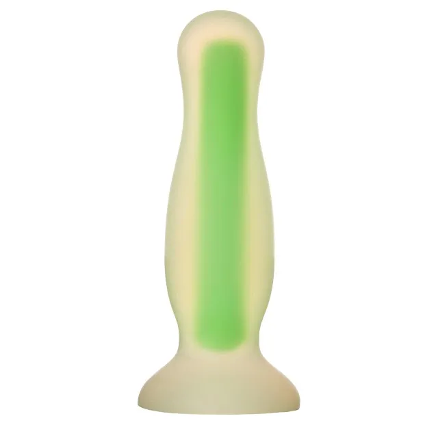 Plug anal DREAMTOYS Radiant Glow in the Dark. model cu strălucire în întuneric. lungime 11 cm. diametru 2.8 cm. mărime S. verde