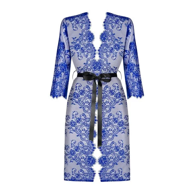Set lenjerie sexy OBSESSIVE. halat cu dantelă decorativă și cordon din satin   chilot tanga. culoare albastru transparent. mărime L/XL