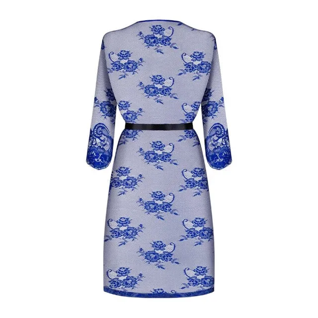 Set lenjerie sexy OBSESSIVE. halat cu dantelă decorativă și cordon din satin   chilot tanga. culoare albastru transparent. mărime L/XL
