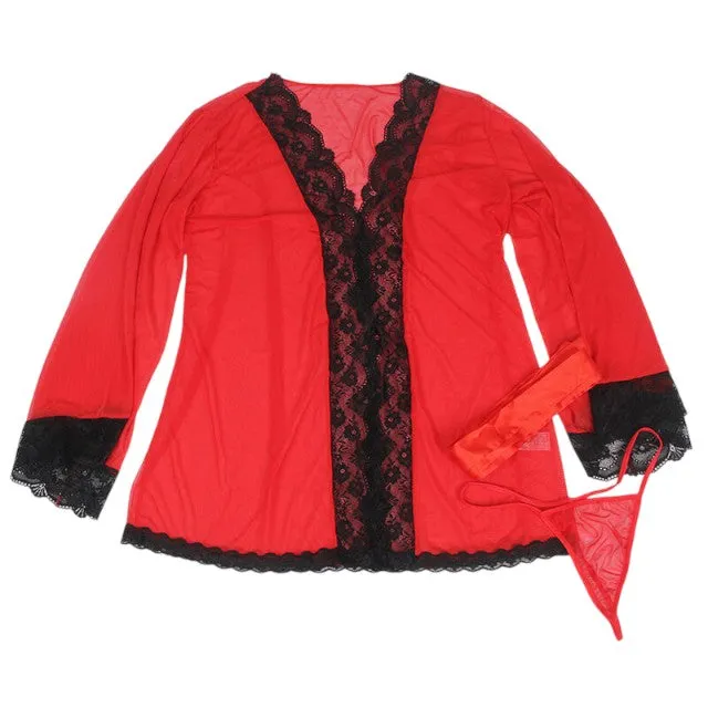 Set lenjerie sexy SUBBLIME. halat babydoll cu dantelă decorativă   chilot tanga. culoare roșu transparent. mărime S/M (R81157-2)