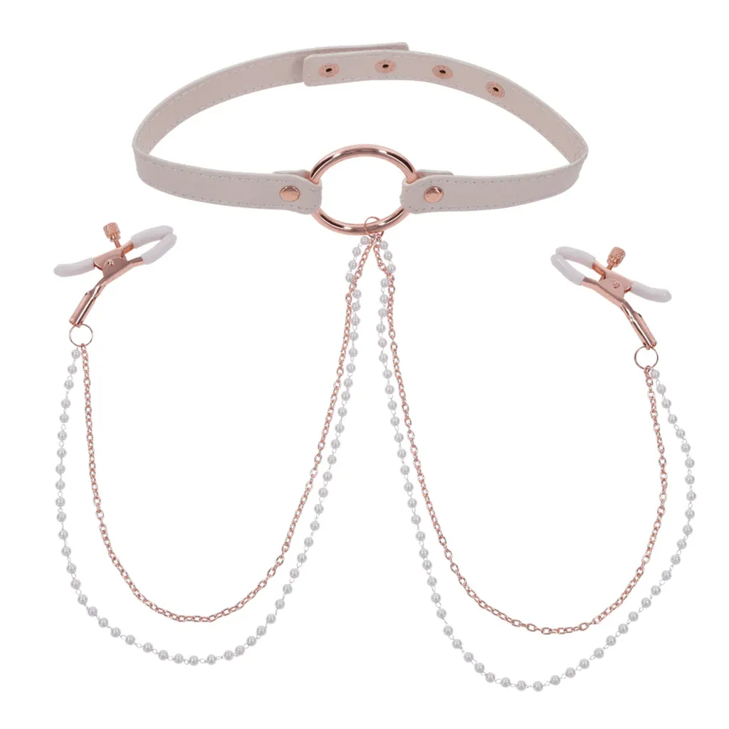 Sportsheets Sex & Mischief Peaches 'n CreaMe Collar with Nipple Clamps
