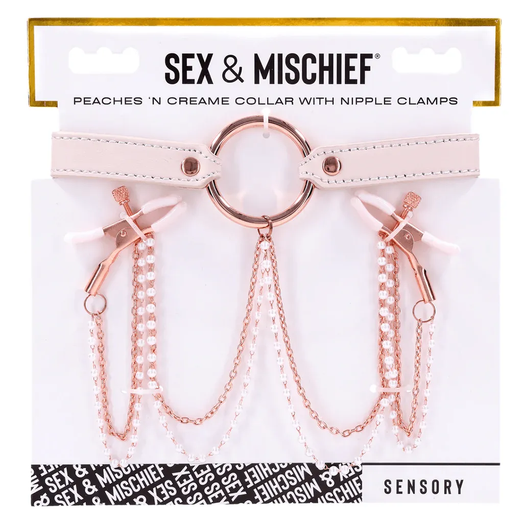 Sportsheets Sex & Mischief Peaches 'n CreaMe Collar with Nipple Clamps